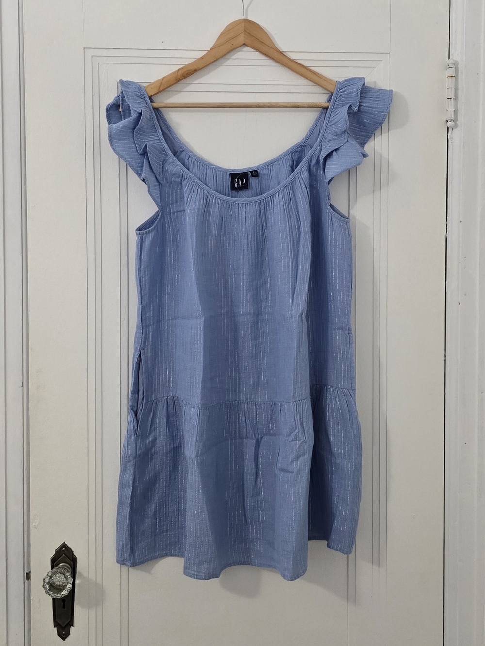 GAP Light Blue Ruffle-Sleeve Mini Dress, Size L Petite, NWT